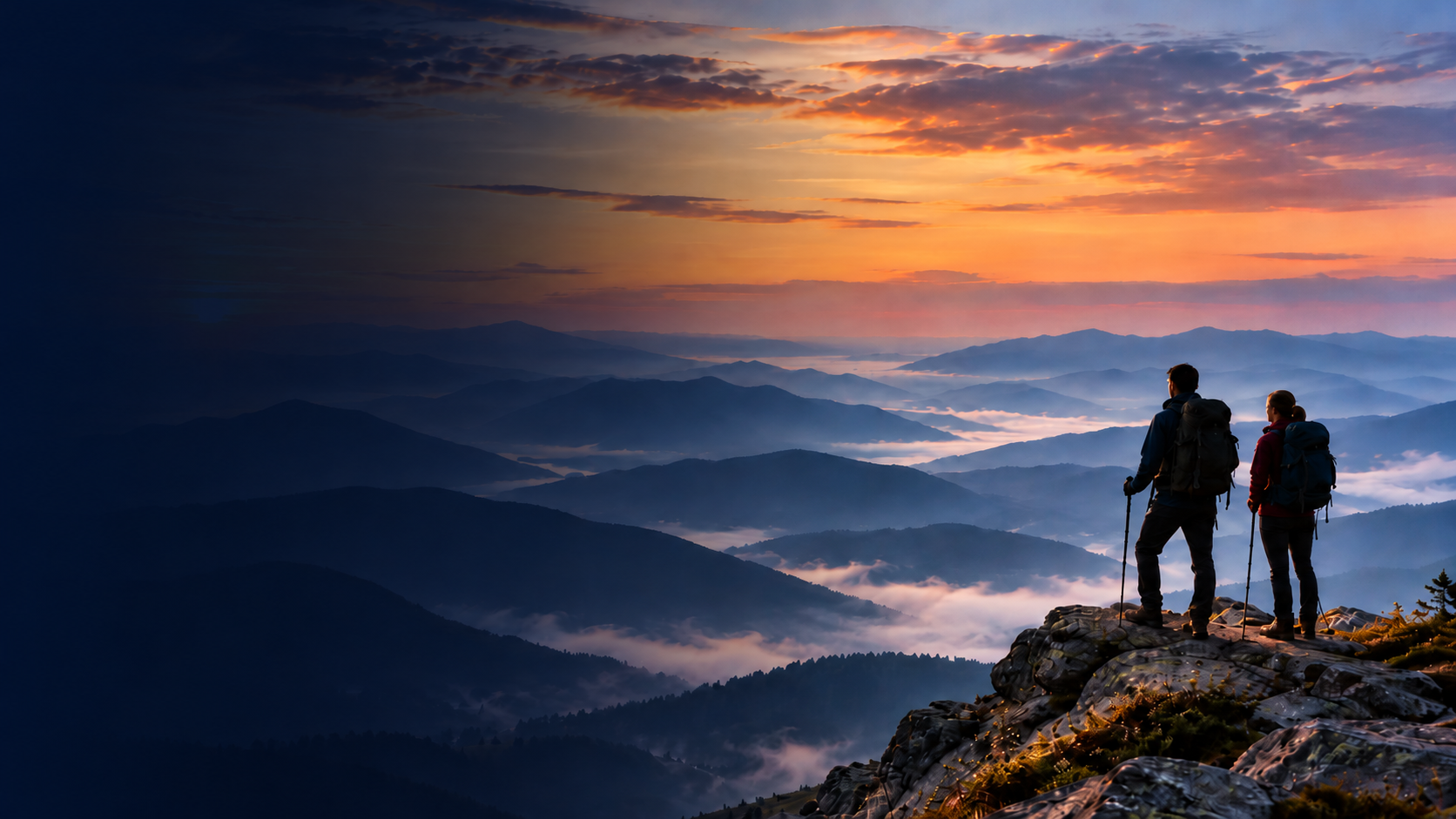 Two hikers with backpacks and trekking poles on a rocky summit overlooking misty mountain valleys at sunrise