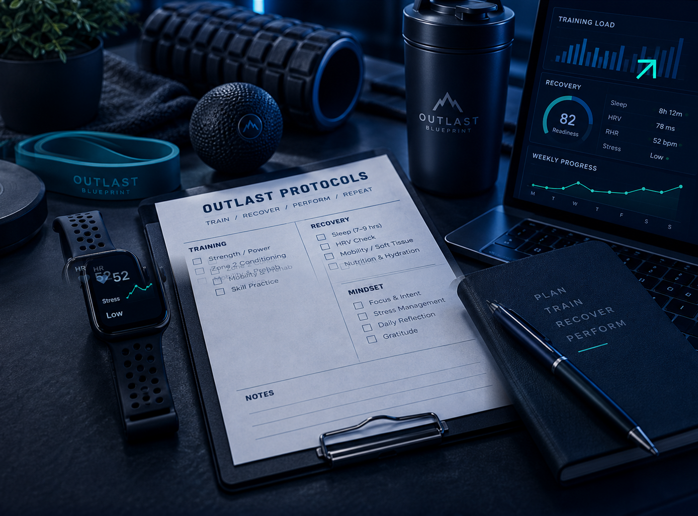Training and recovery kit laid out on a dark desk: protocol checklist, watch, laptop dashboard, shaker and bands