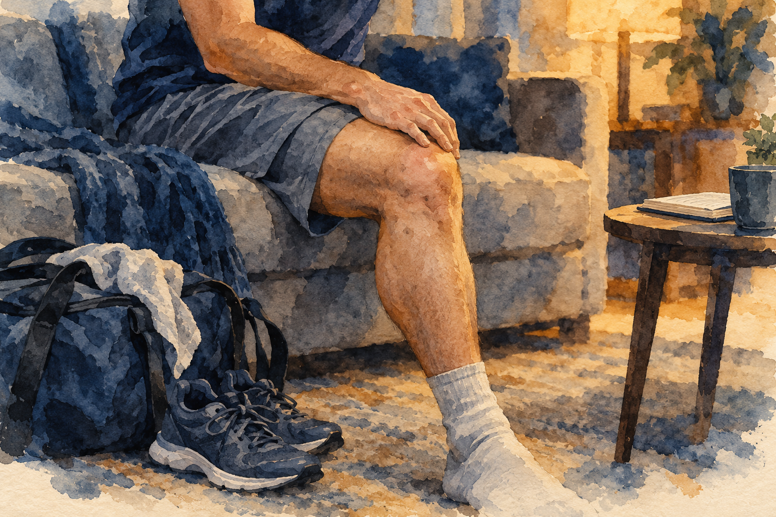 Watercolor illustration of a seated adult resting a hand on their knee beside a gym bag in evening light.