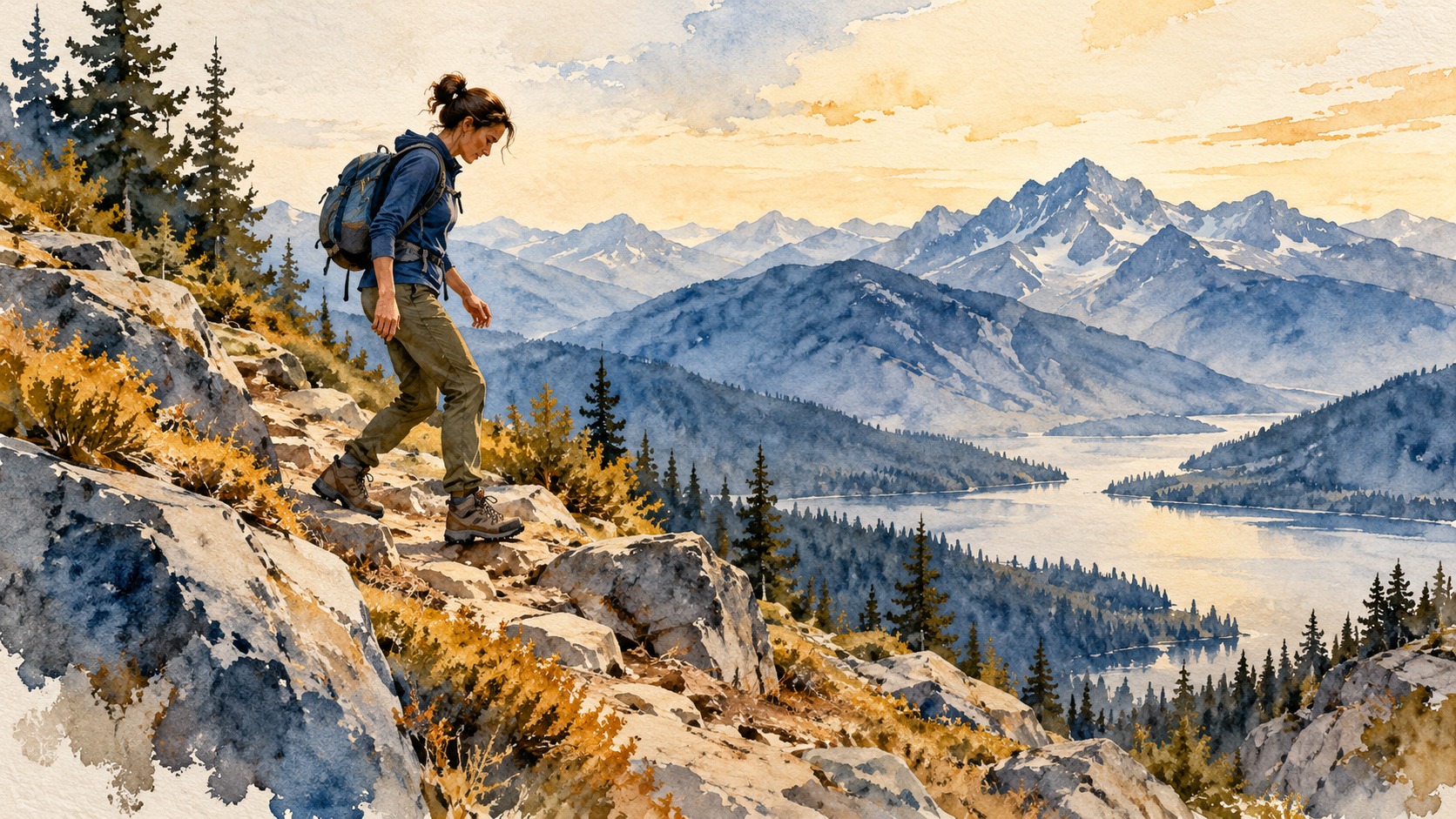 Watercolor illustration of a hiker carefully stepping down a rocky mountain trail.