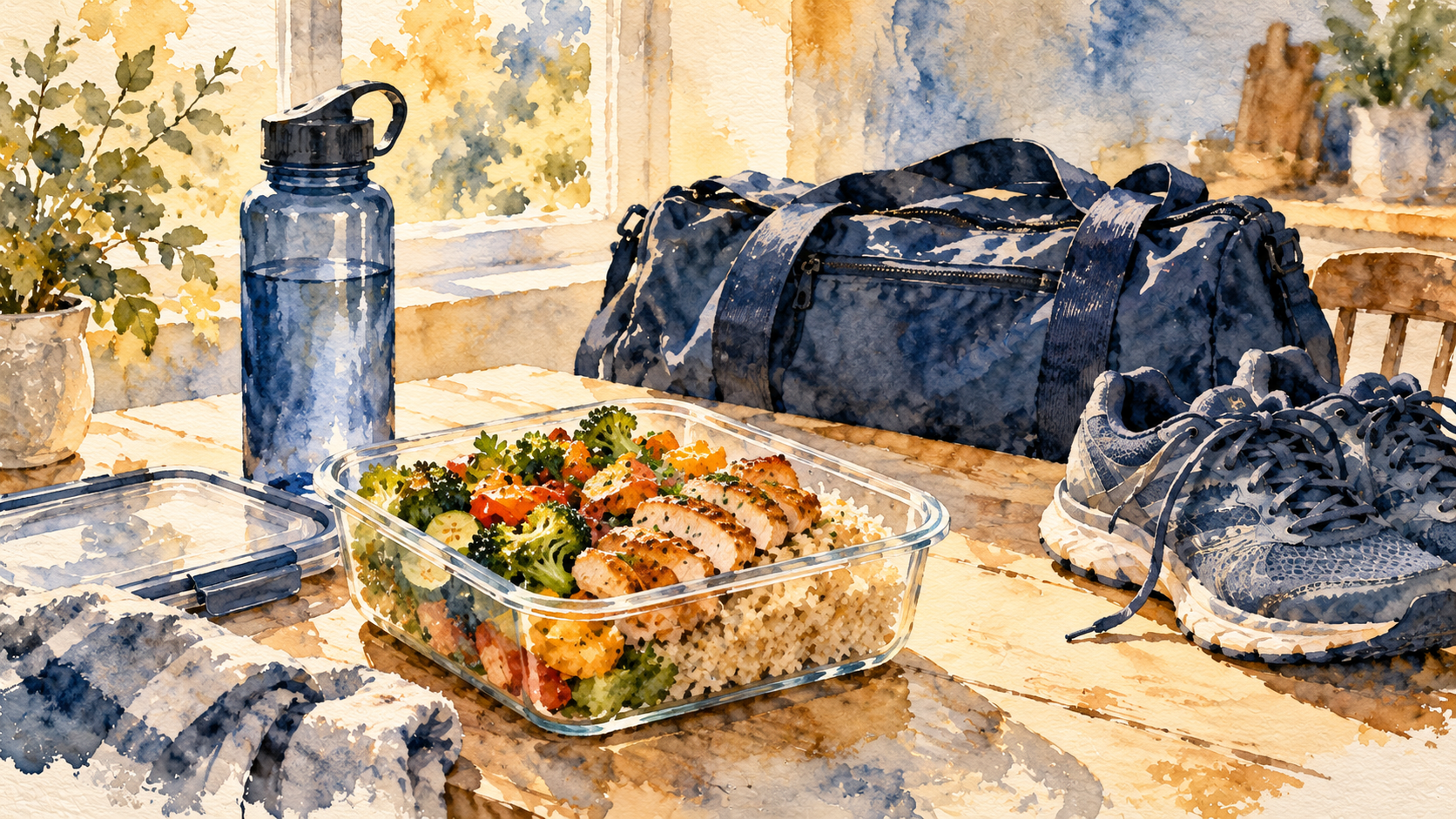 Watercolor illustration of a prepared rice, chicken and vegetable meal beside a water bottle, navy gym bag and running shoes.