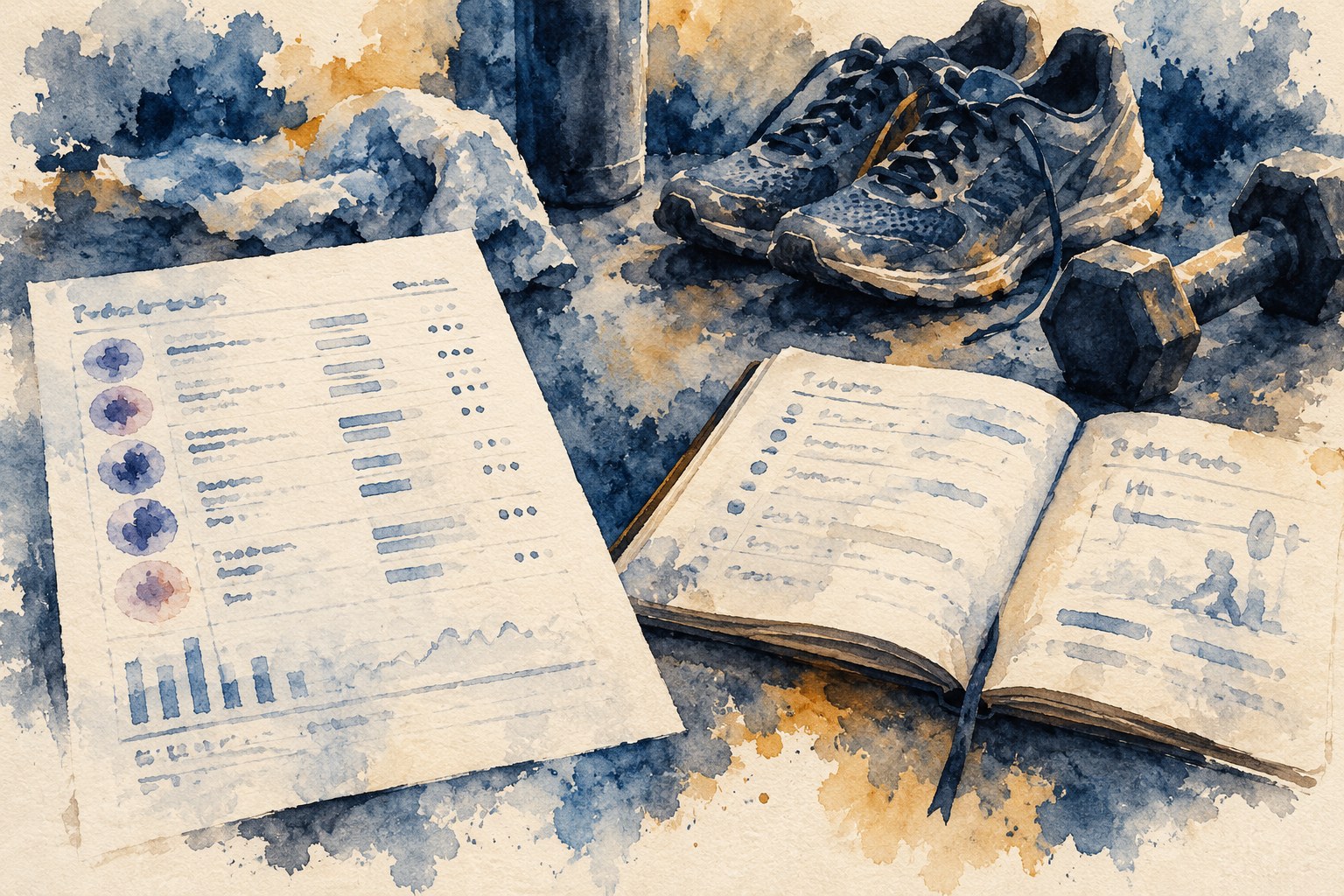 Watercolor illustration of a laboratory report beside a training journal, gym shoes and a dumbbell; marks are illustrative, not study data.