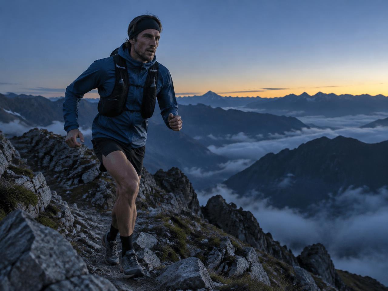 Trail runner on a mountain ridge at dawn