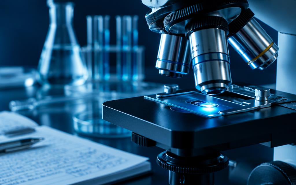 Microscope examining a research slide