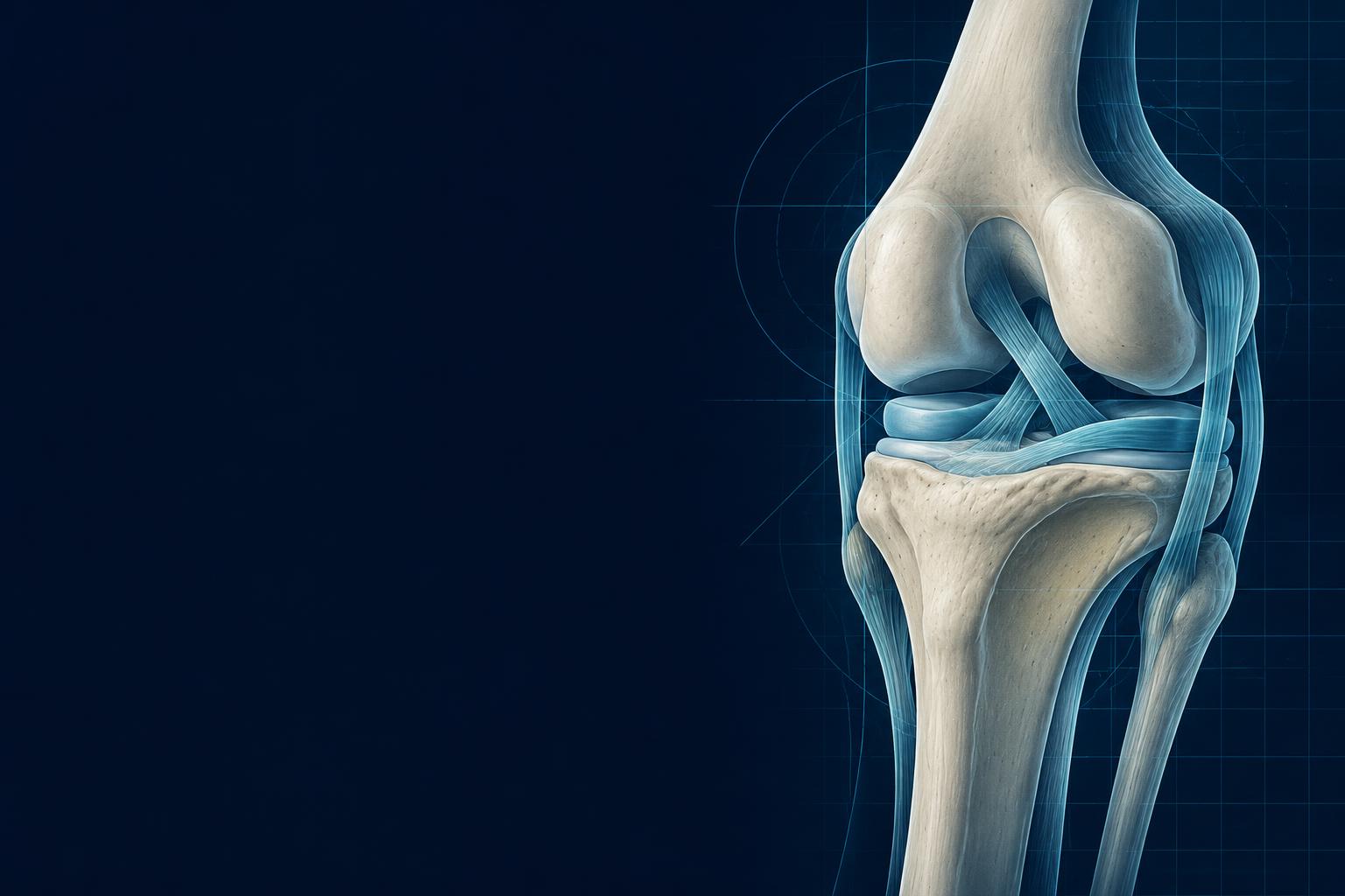 Conceptual editorial illustration of a knee joint and ligament structures; not a diagnostic image